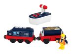 Toy train set with a blue and red locomotive, a cargo wagon, a construction worker figure, and a remote control.