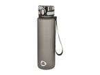 Grey water bottle with a black and white lid and a black carrying strap.