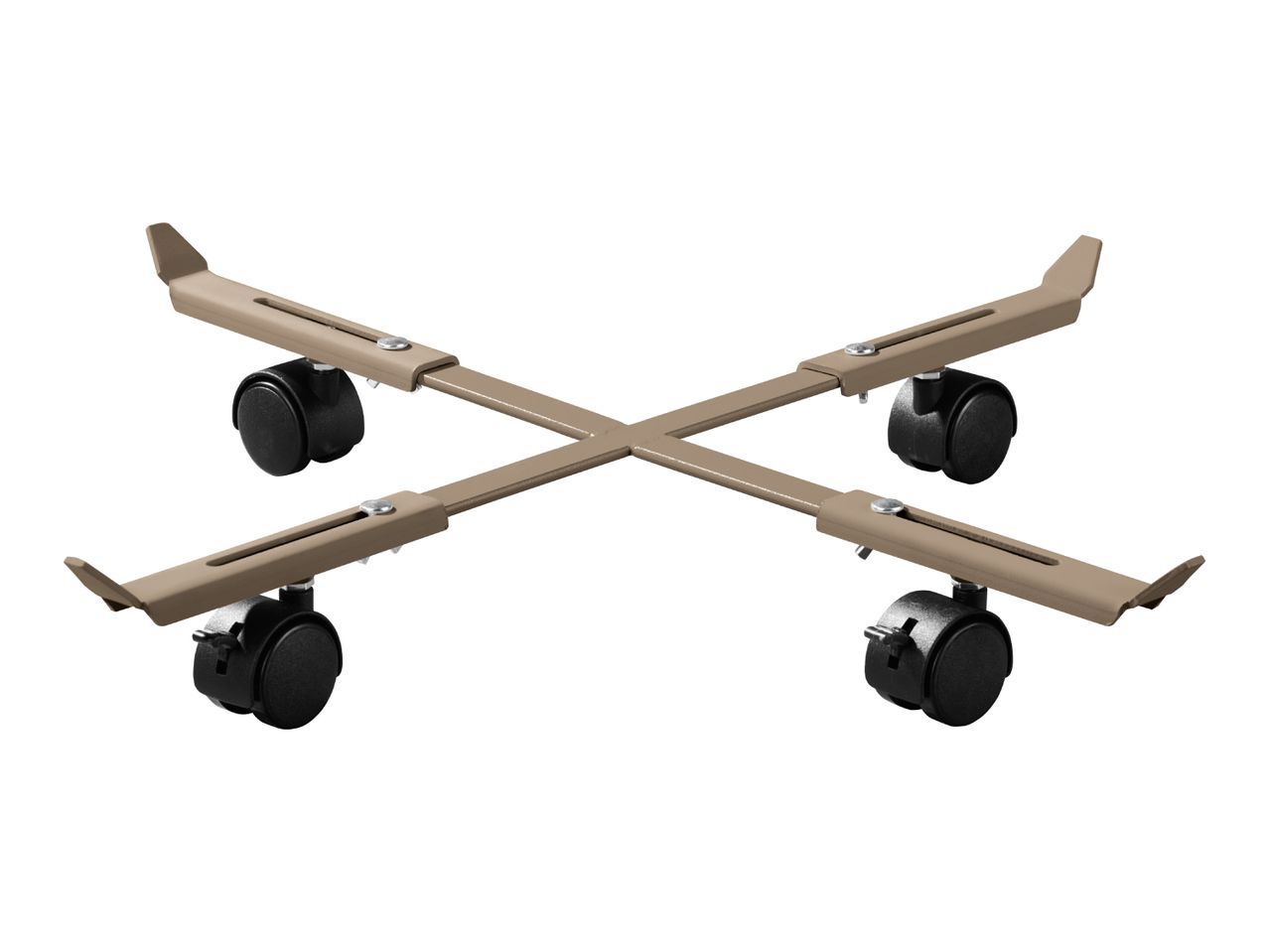 Adjustable brown metal plant caddy with four black caster wheels