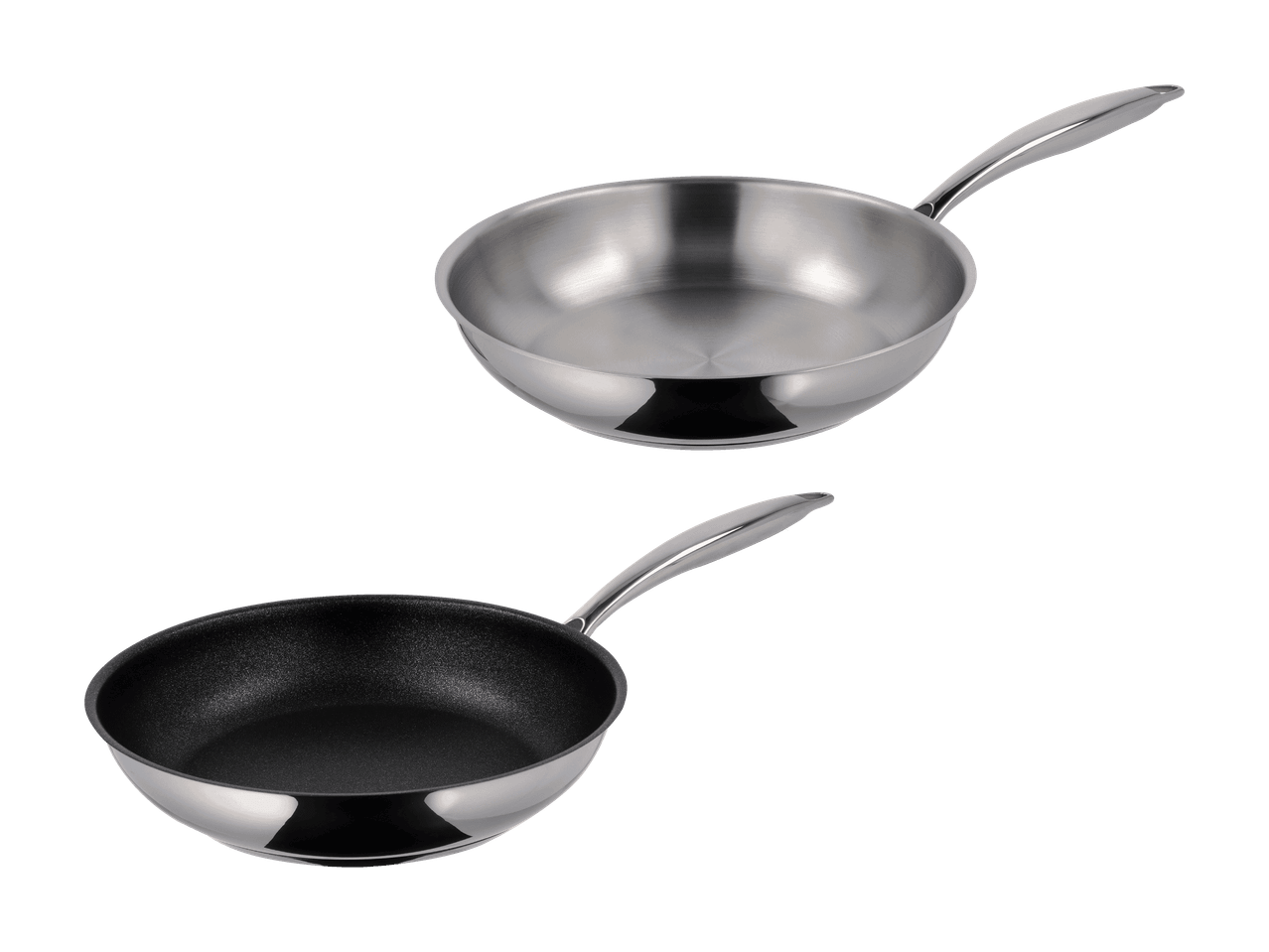 Zwei Edelstahlpfannen, eine mit glänzender Innenseite und eine mit schwarzer Antihaftbeschichtung.
