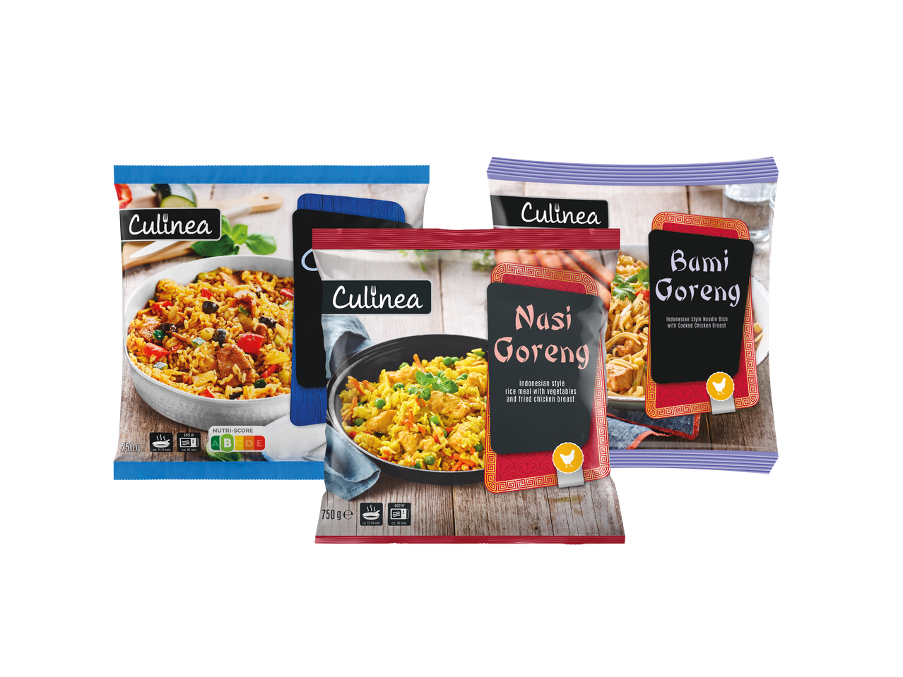 Tri pakiranja Culinea azijskih jela: Nasi Goreng, Bami Goreng i još jedno jelo od riže.