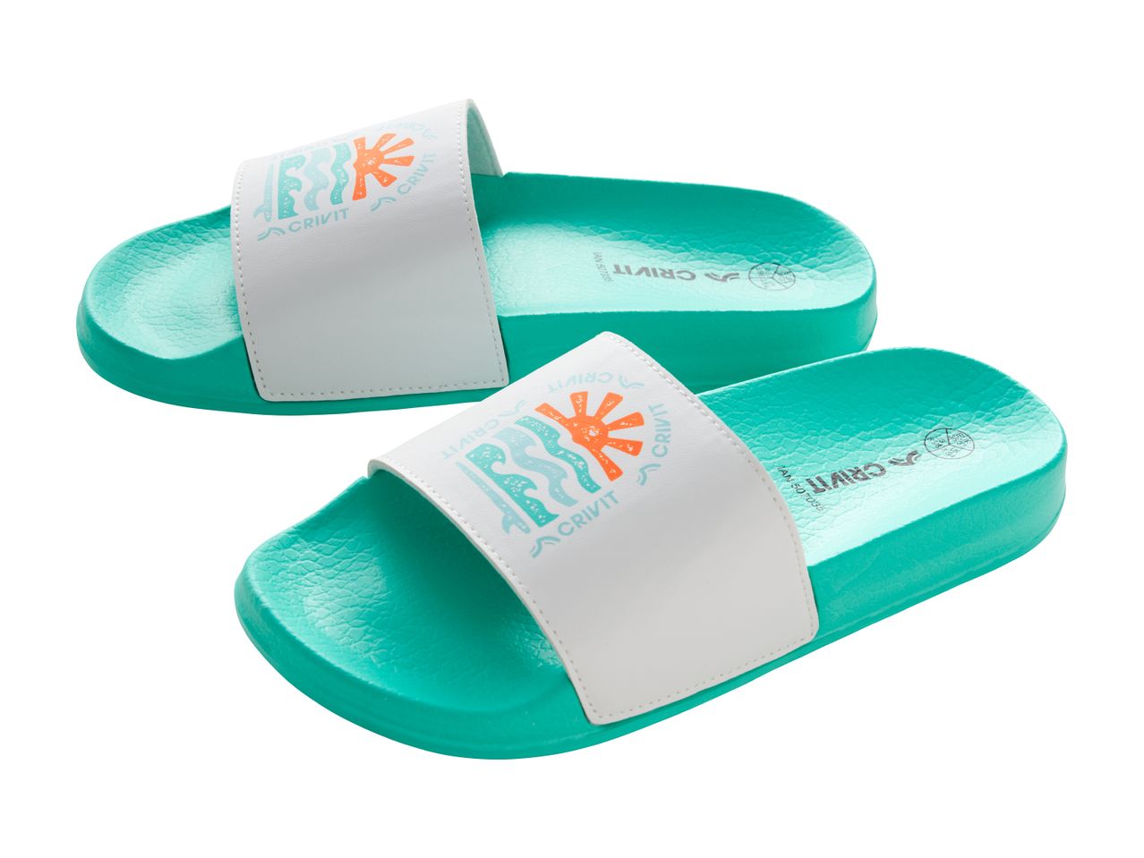 Pair of turquoise and white slides with a colorful wave and sun graphic.
