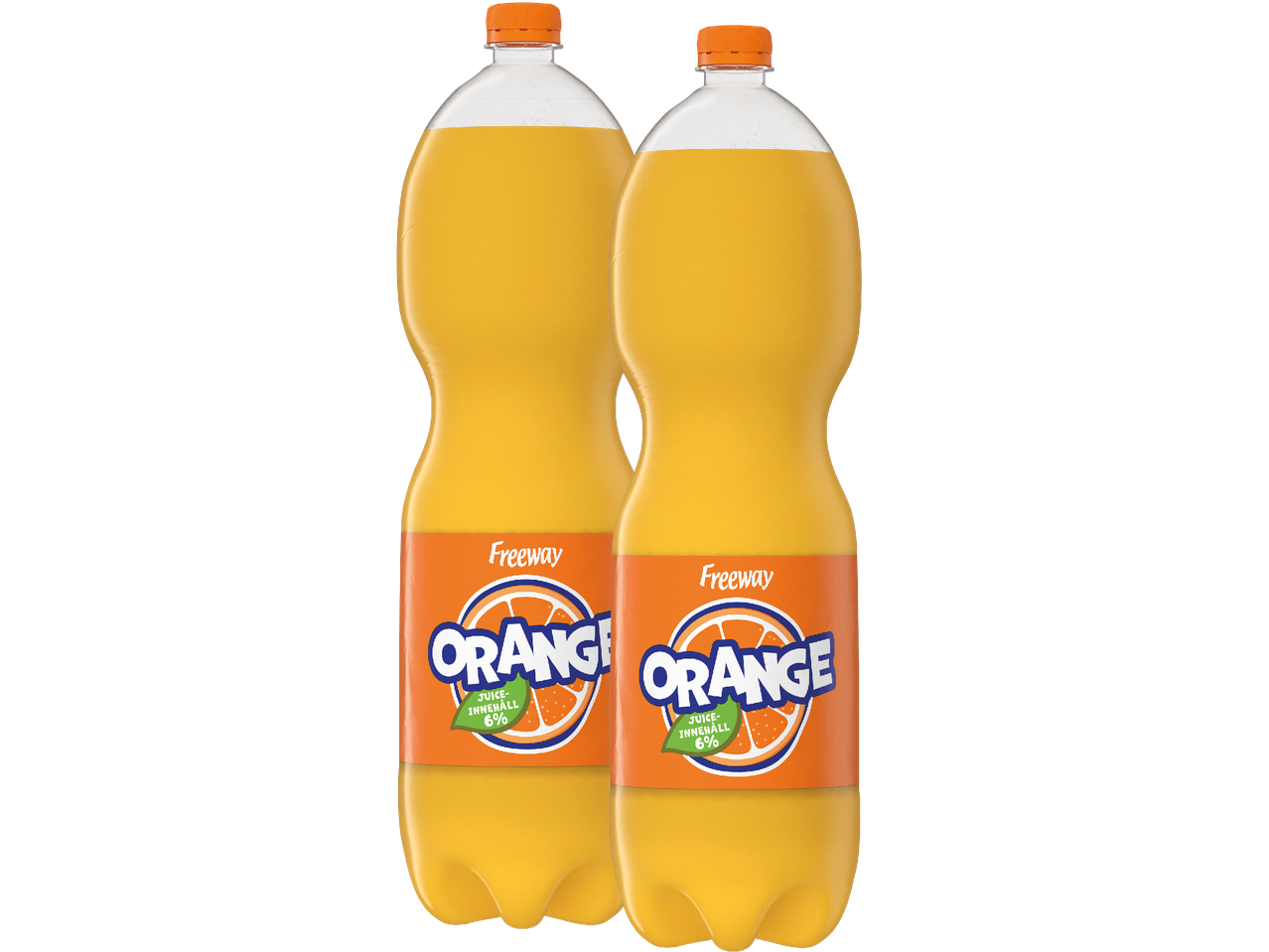 Två flaskor Freeway apelsinläsk med 6% juiceinnehåll.