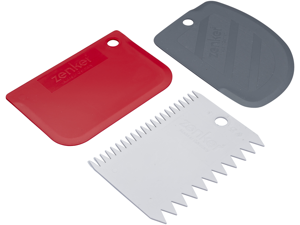 Trei raclete de patiserie Zenker, roșie, gri și albă, pentru coacere.
