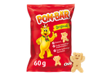 Een rode zak glutenvrije aardappelchips in de vorm van beertjes, met een gewicht van 60 gram.