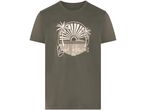 Olive green Beyond Horizons t-shirt with palm tree and sunset graphic.