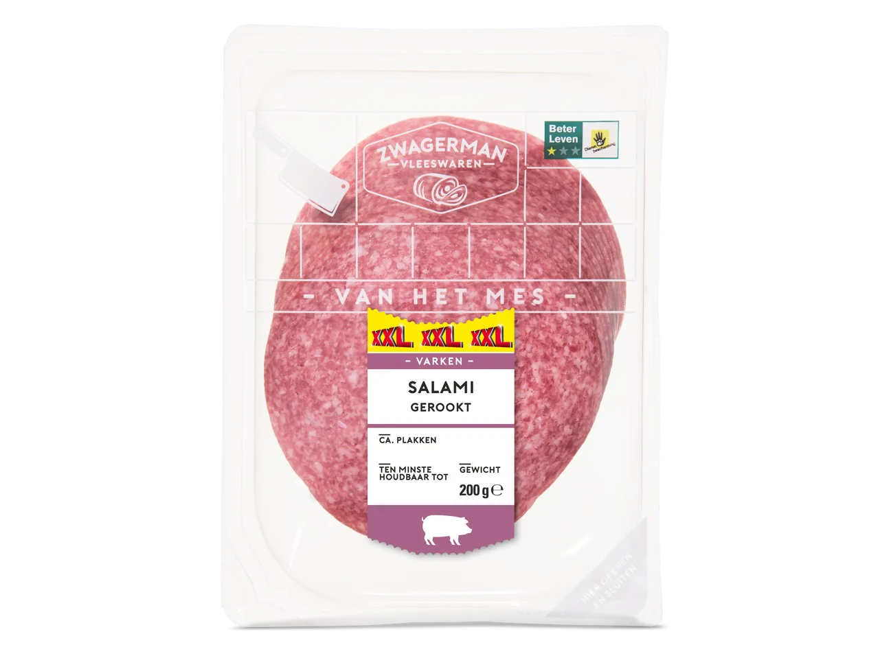 Verpakking Zwagerman Salami Gerookt, 200g, met Beter Leven keurmerk.