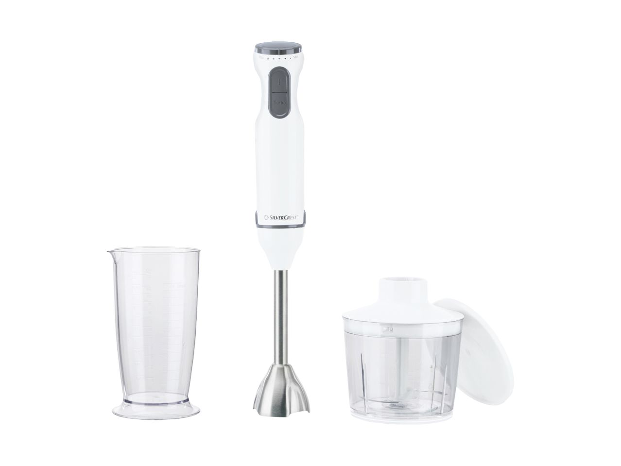 White immersion blender with a measuring cup and a chopper attachment.