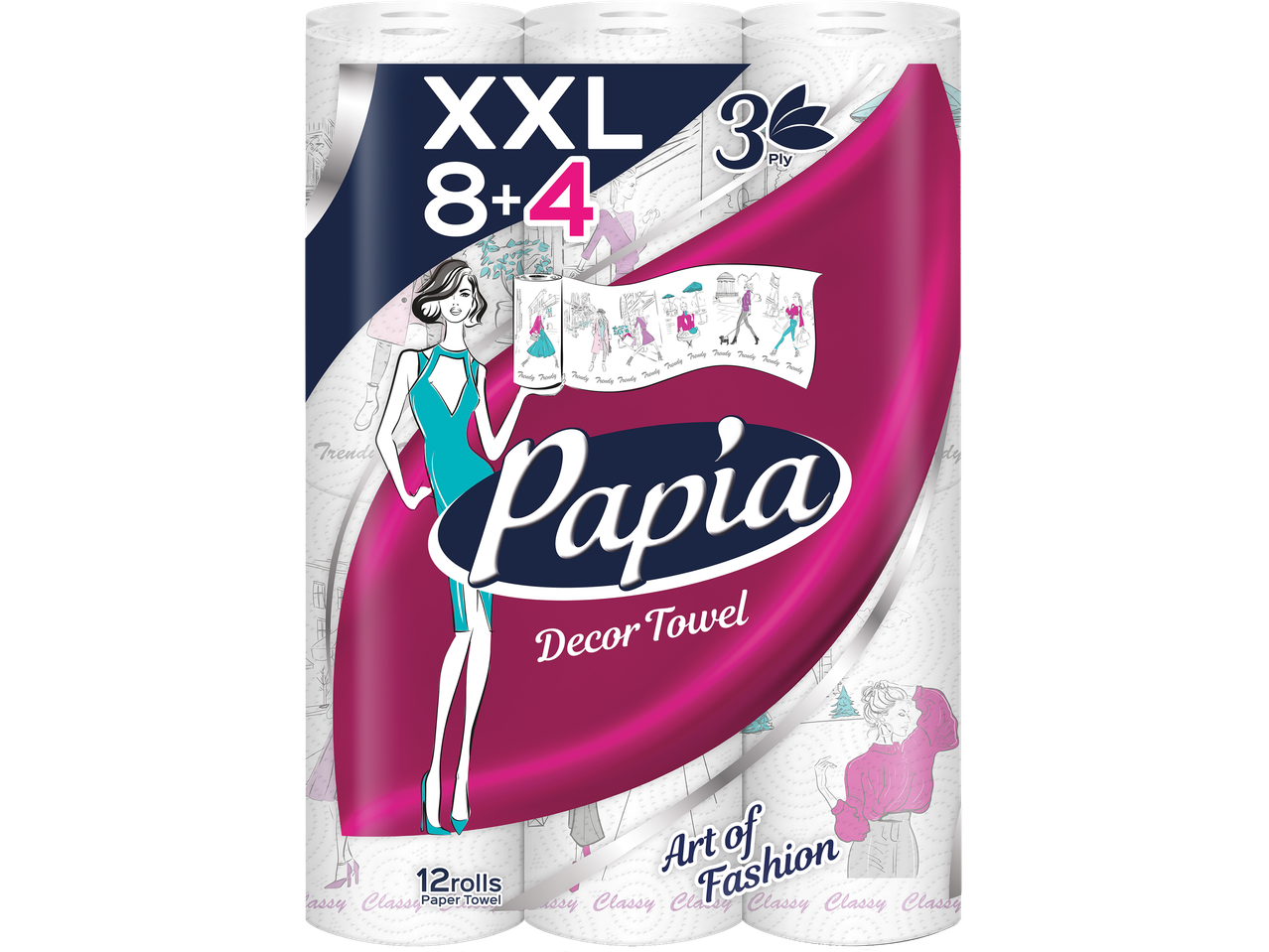 Кухненска хартия Papia XXL 8+4 ролки, 3-пластова, с моден дизайн
