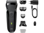 BRAUN Serie 3 300BT scheerapparaat met opzetstukken, oplader en reinigingsborsteltje.