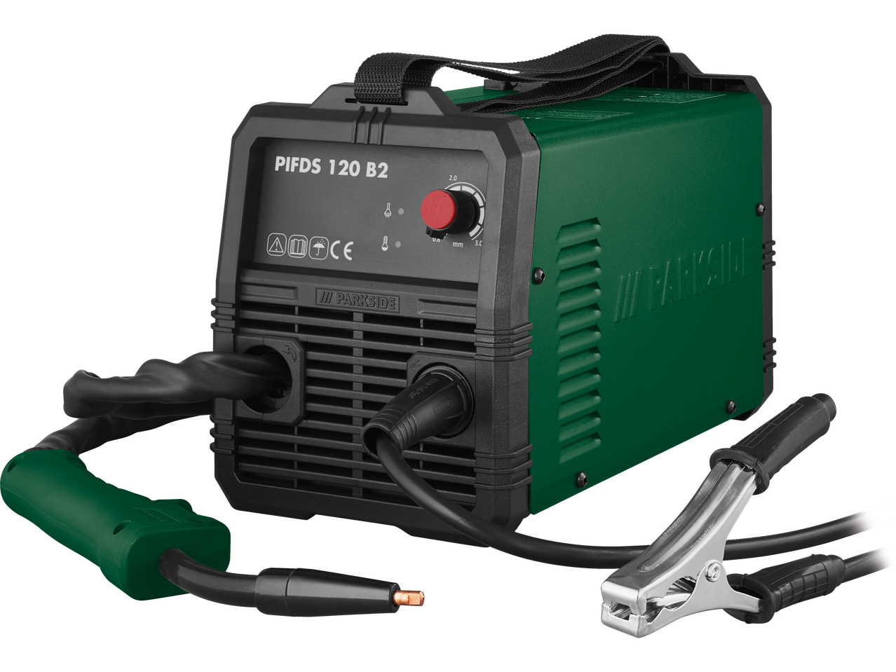 Máquina de soldar PARKSIDE® PIFDS 120 B2 com caixa verde e cabos pretos.