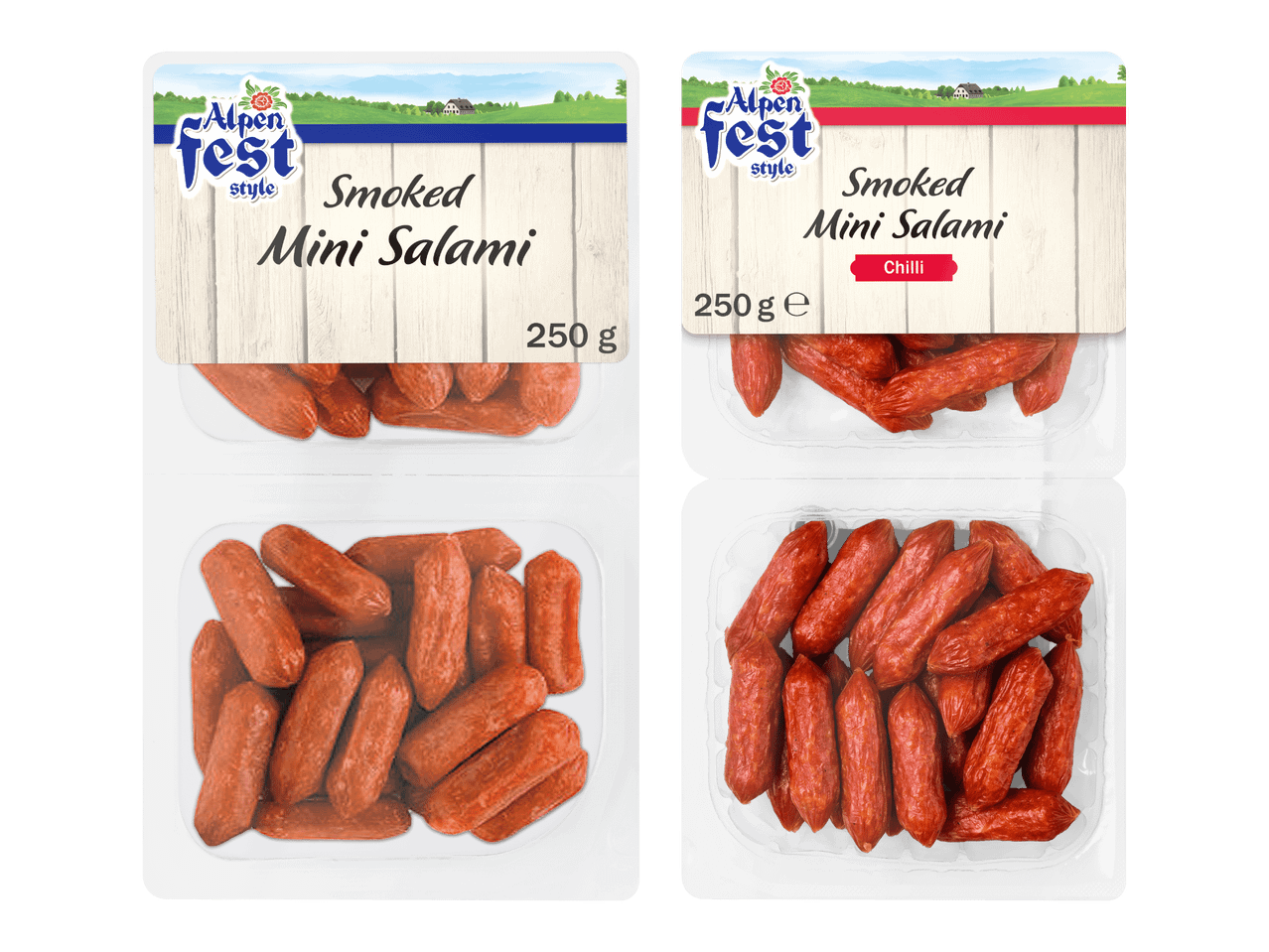 Kaksi pakkausta savustettua minisalamia, toinen tavallinen ja toinen chilillä maustettu, molemmat 250 g.