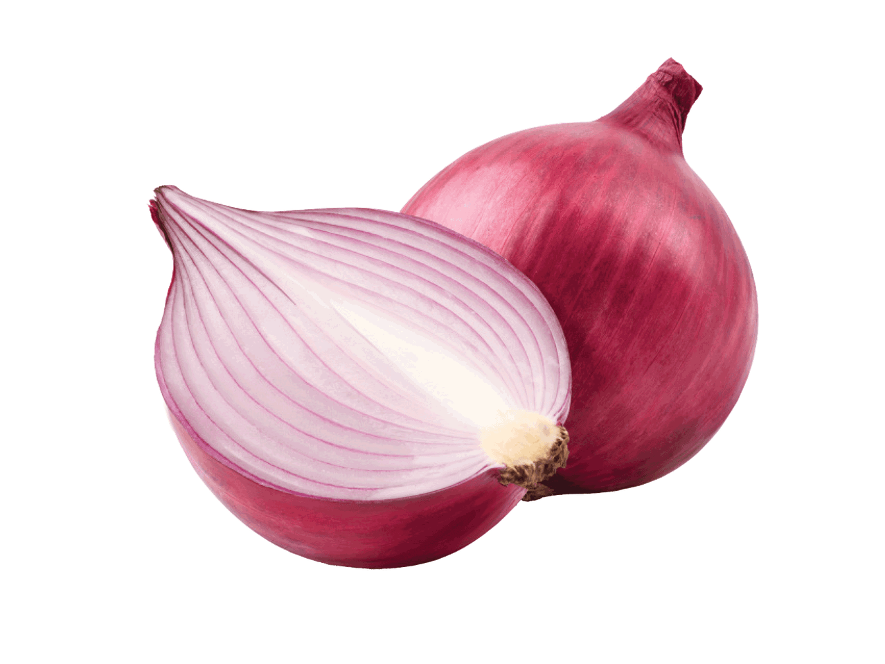 Raudonasis svogūnas, perpjautas pusiau, ir visas raudonasis svogūnas.