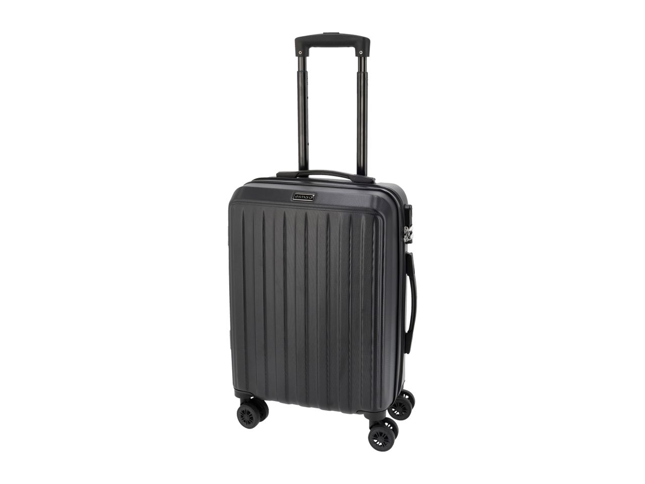 A black hard-shell carry-on suitcase with an extended telescopic handle and four spinner wheels.