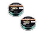 Two spools of green fishing line, each with a label showing a carp and an eel.