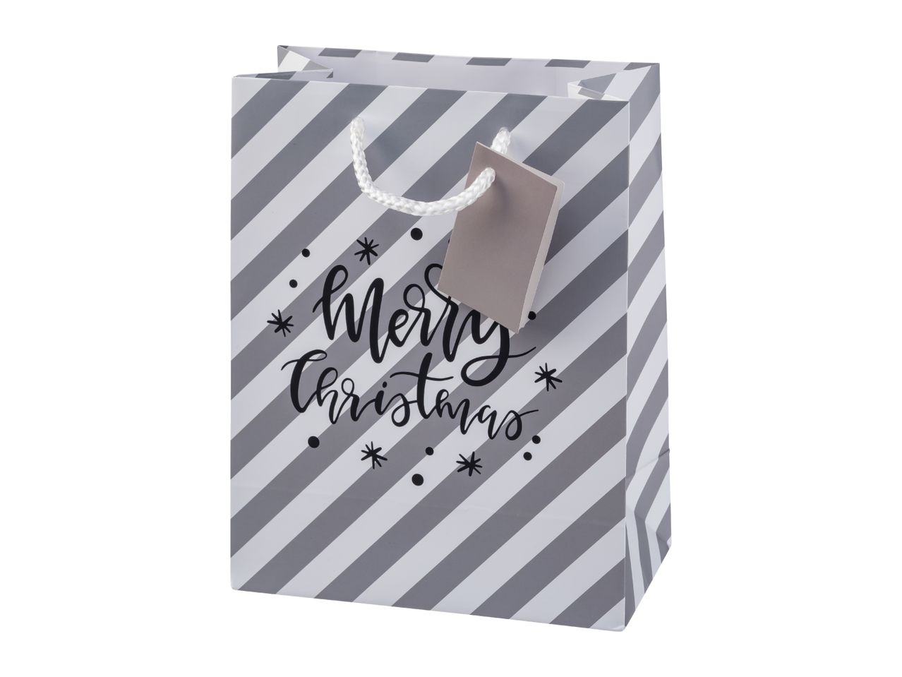 Grey and white striped gift bag with 'Merry Christmas' text and a blank tag.