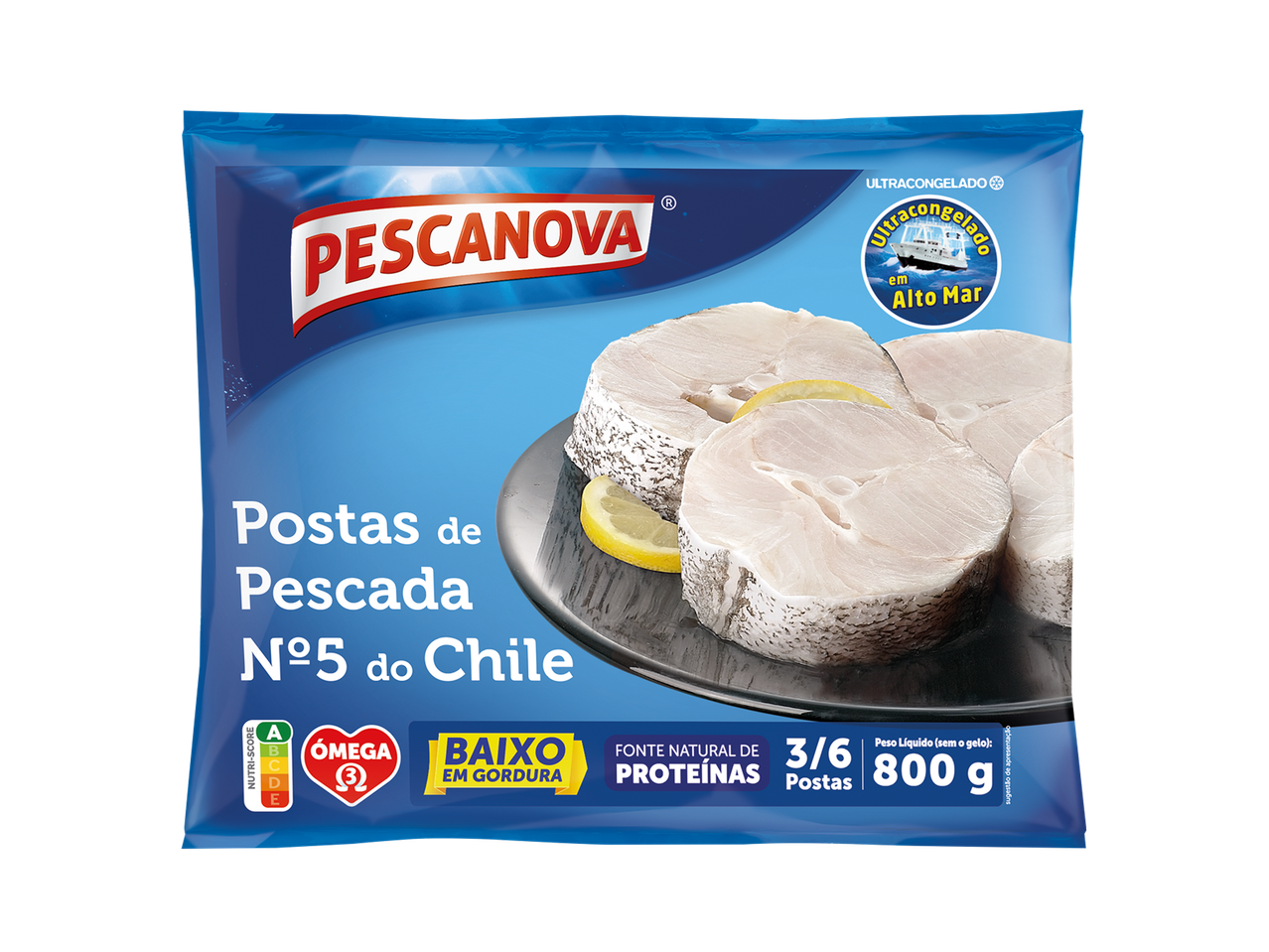 Postas de pescada ultracongeladas, ricas em ómega 3 e proteínas, baixo teor de gordura, 800g.
