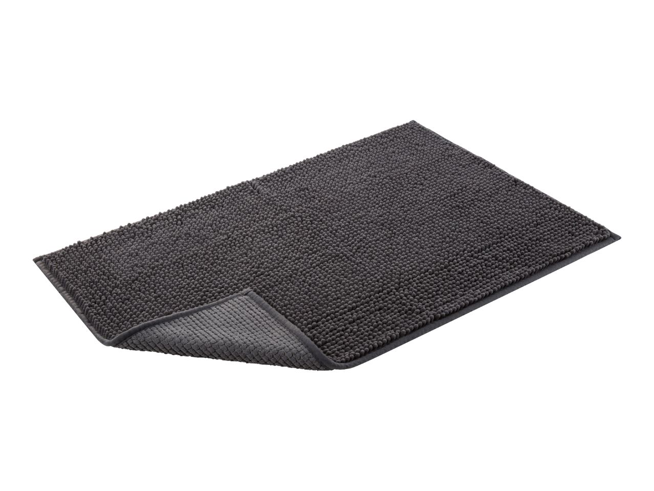 A dark gray bath mat with a textured surface is shown at a slight angle.