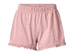 Pink women's shorts with white dotted pattern and ruffled hem.