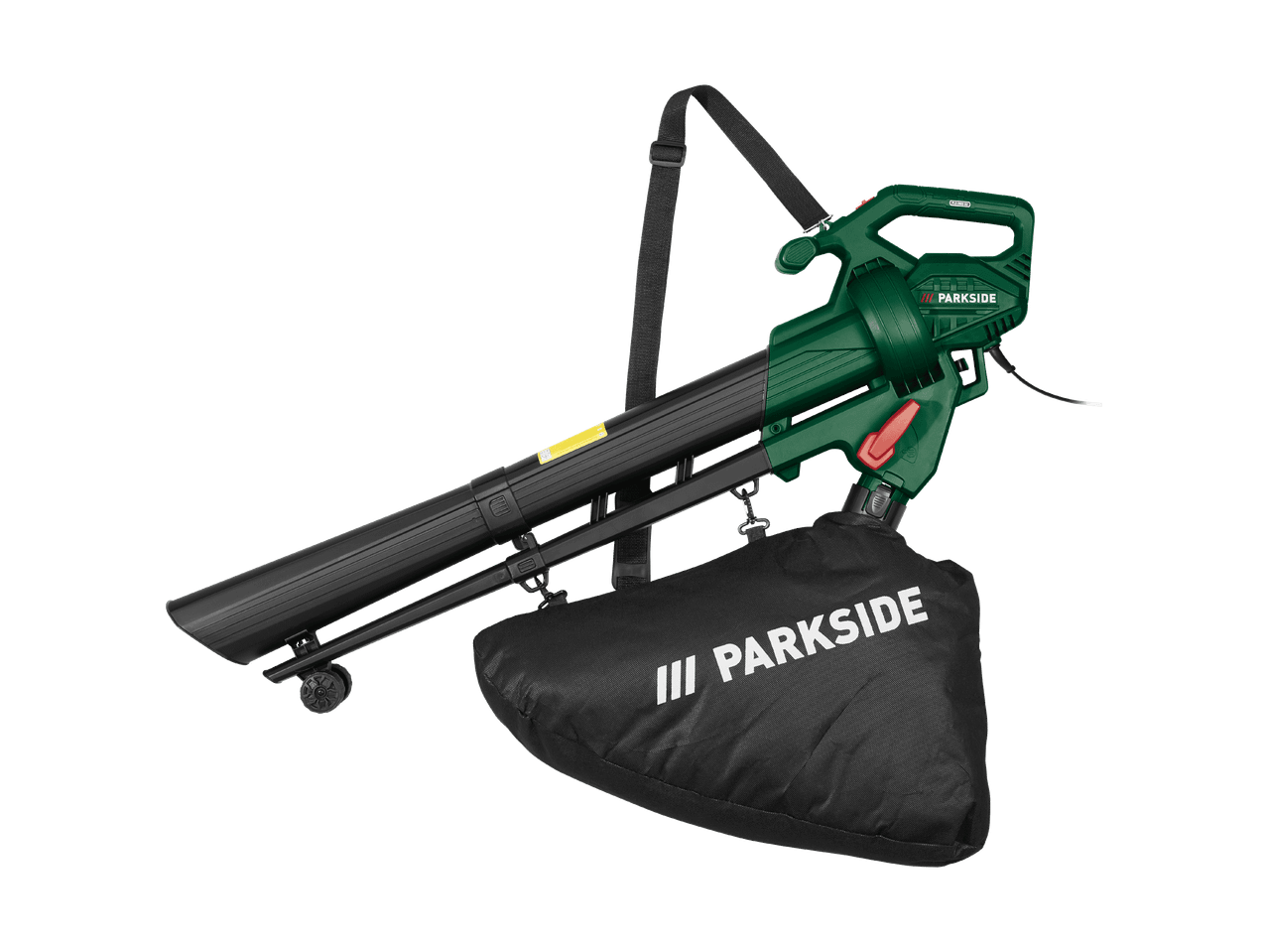 Grüner und schwarzer Parkside Elektro-Laubbläser mit Fangsack.