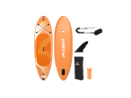Planche de paddle orange avec accessoires : aileron, laisse, sac de transport et kit de réparation.