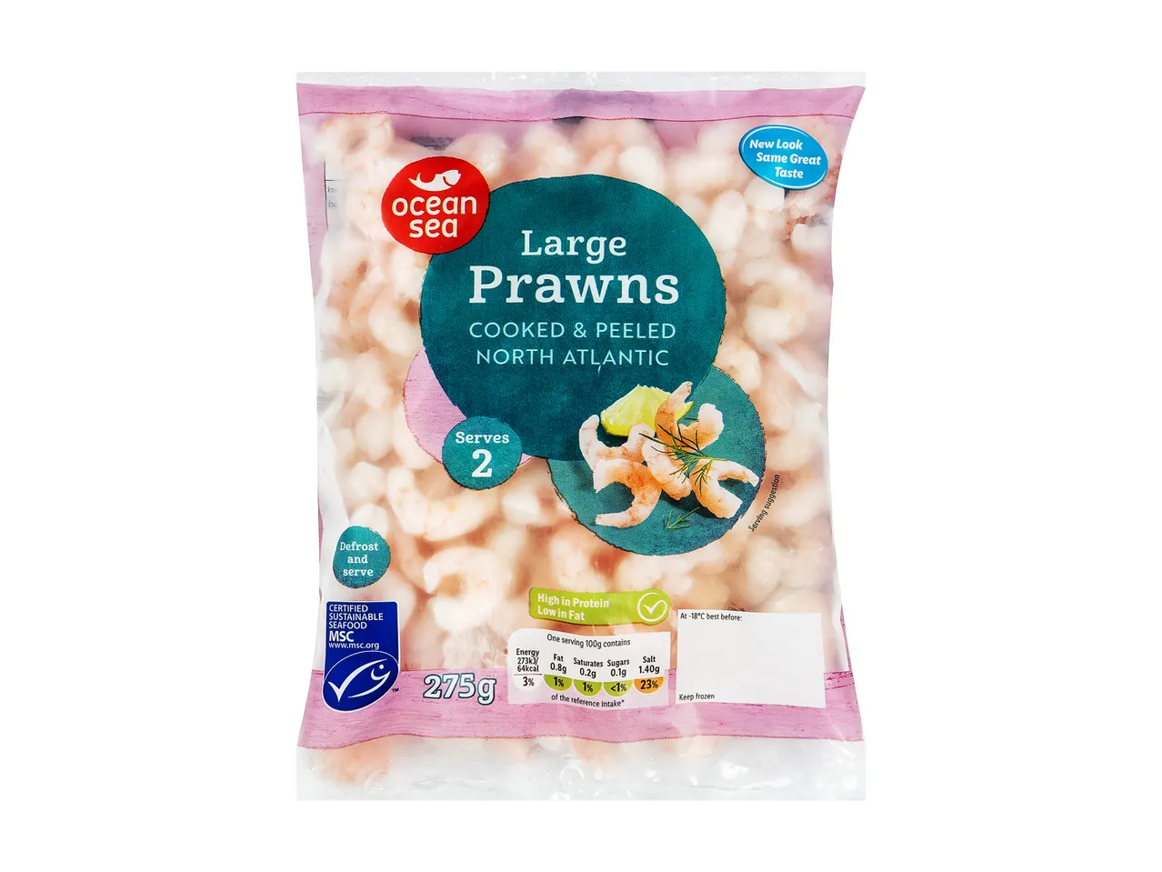 Ocean Sea prawns: large cooked and peeled prawns from the North Atlantic.