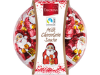 Favorina milk chocolate Santa figures in a round package with a Fairtrade label.