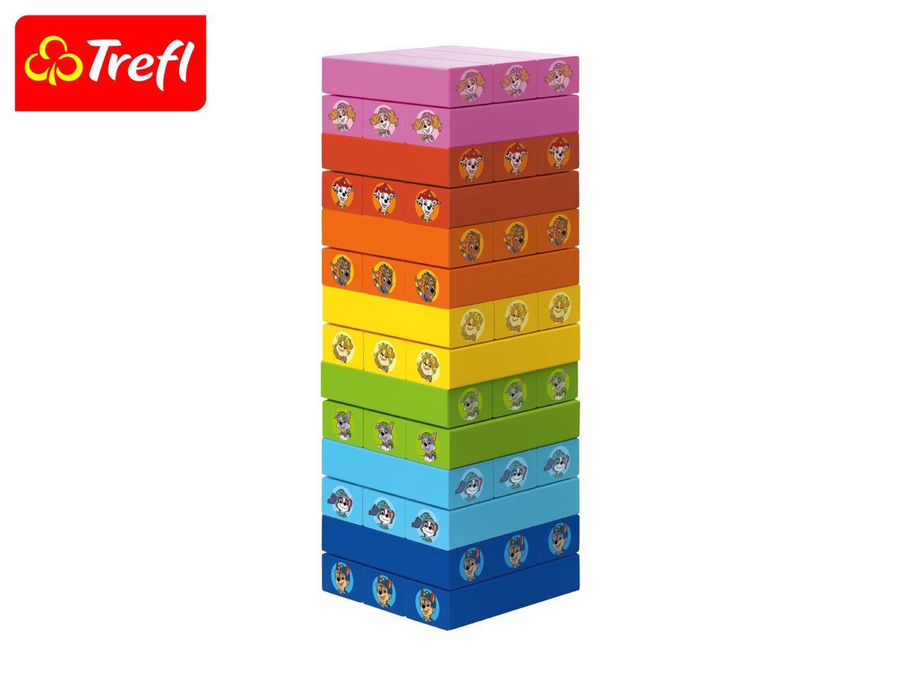 Rainbow-colored stacking blocks featuring Paw Patrol characters, with a red logo in the top left corner.