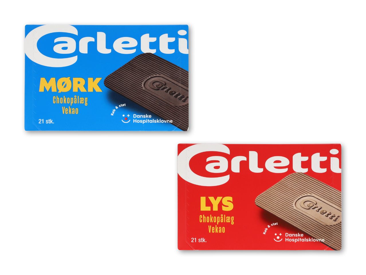 To pakker chokoladepålæg, en mørk og en lys, med 21 stykker i hver.