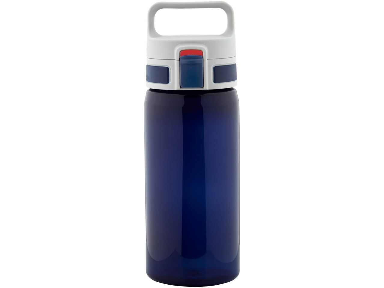 A dark blue water bottle with a white and navy blue cap and carrying handle.