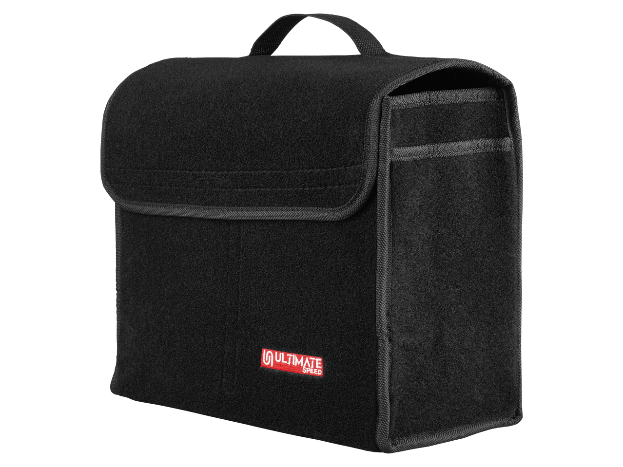 ULTIMATE SPEED® black car boot organiser with a handle and red logo.