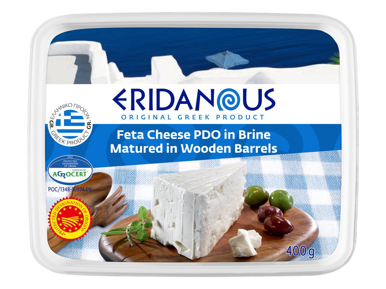 Eridanous feta PDO kaas in pekel, gerijpt in houten vaten.