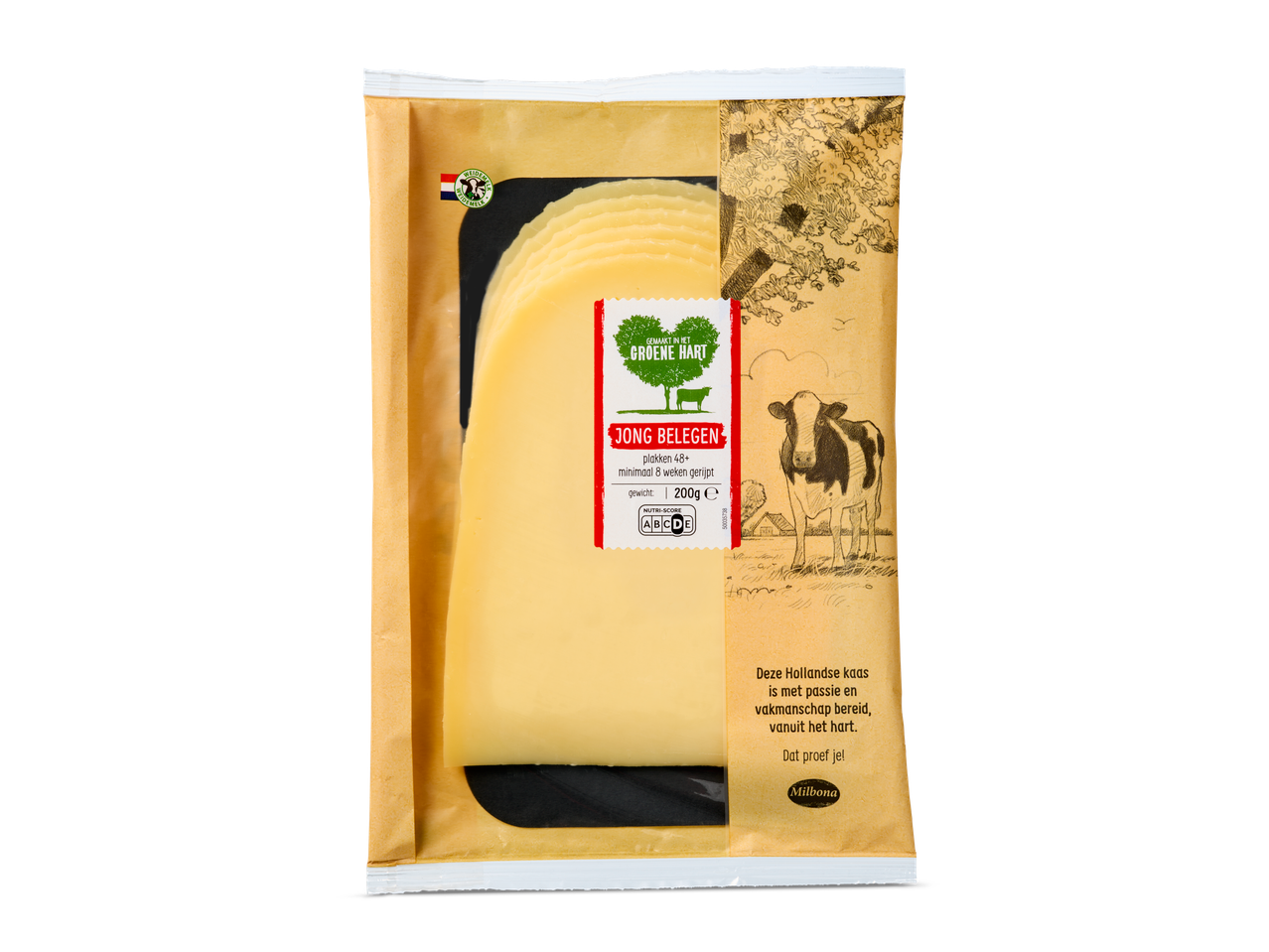 Jonge belegen Milbona kaas, 200g, in verpakking.