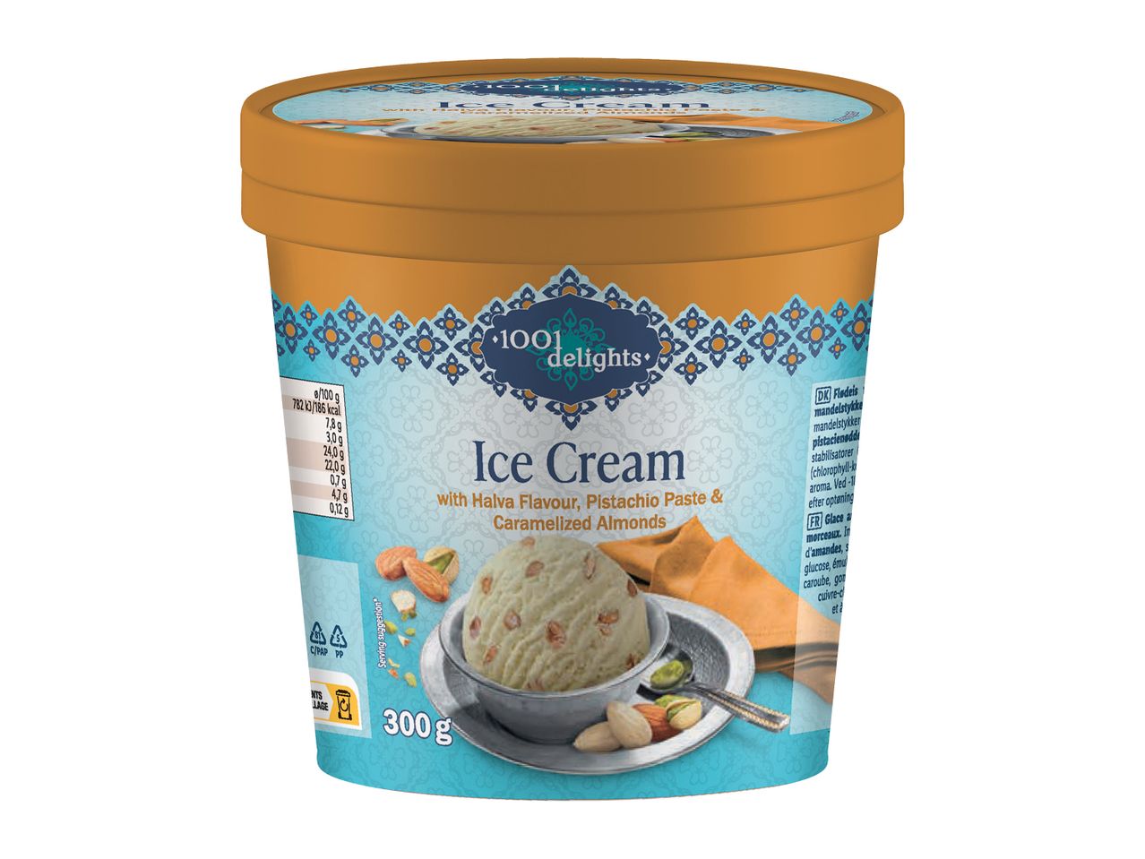Înghețată cu aromă de halva, pastă de fistic și migdale caramelizate, 300g.