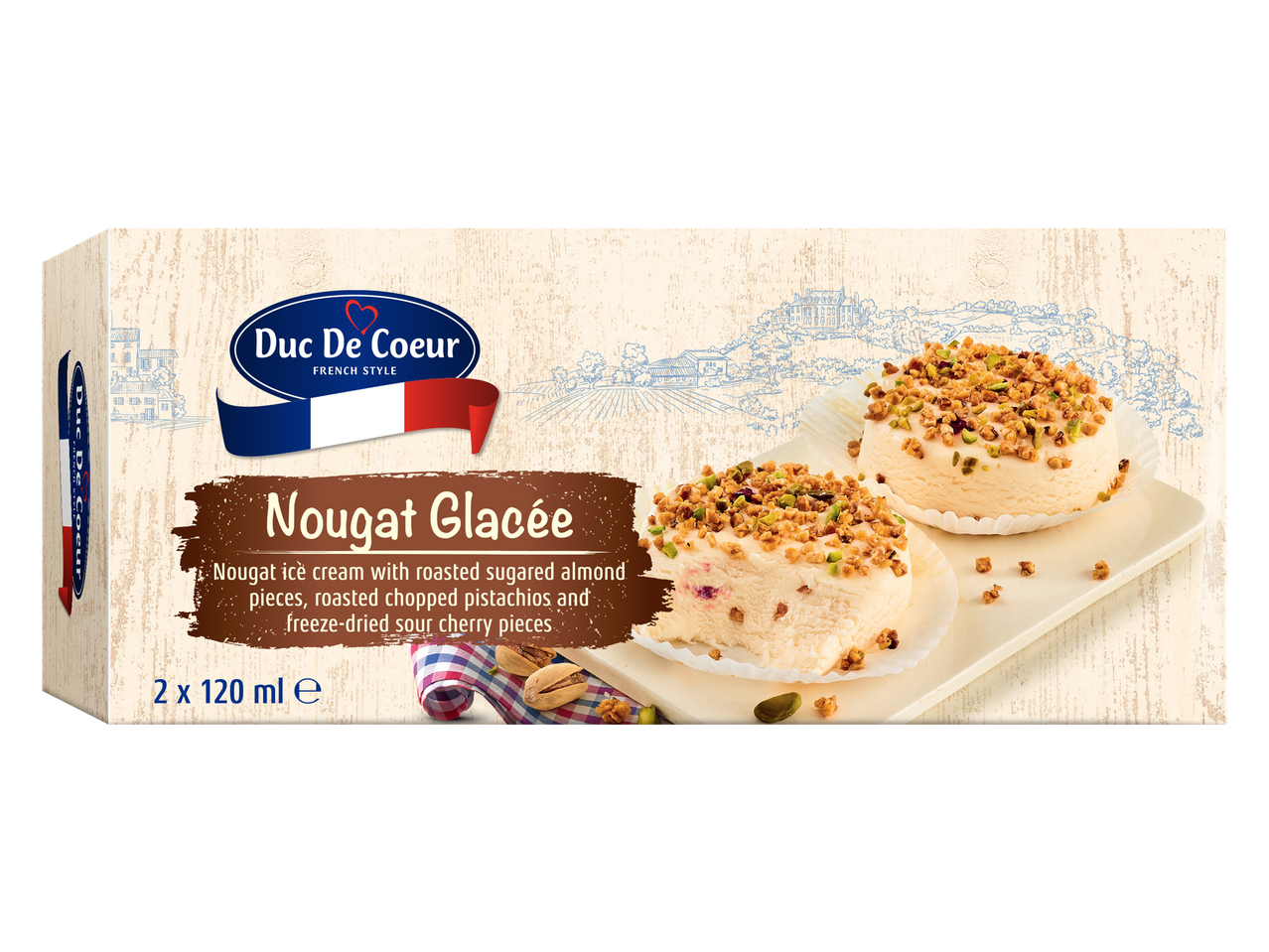 Duc De Coeur Nougat Glacée ijs met amandel-, pistache- en kersenstukjes.