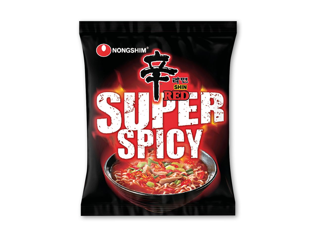 Sort pakke med super stærke instant nudler med en skål ramen og flammer.