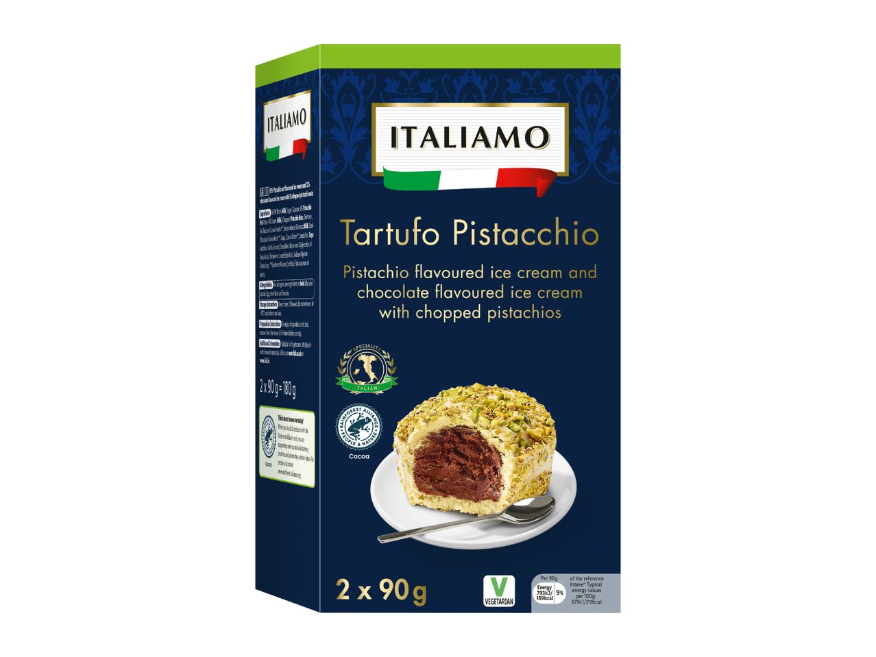A box of pistachio and chocolate flavored ice cream with chopped pistachios, labeled as Tartufo Pistacchio.