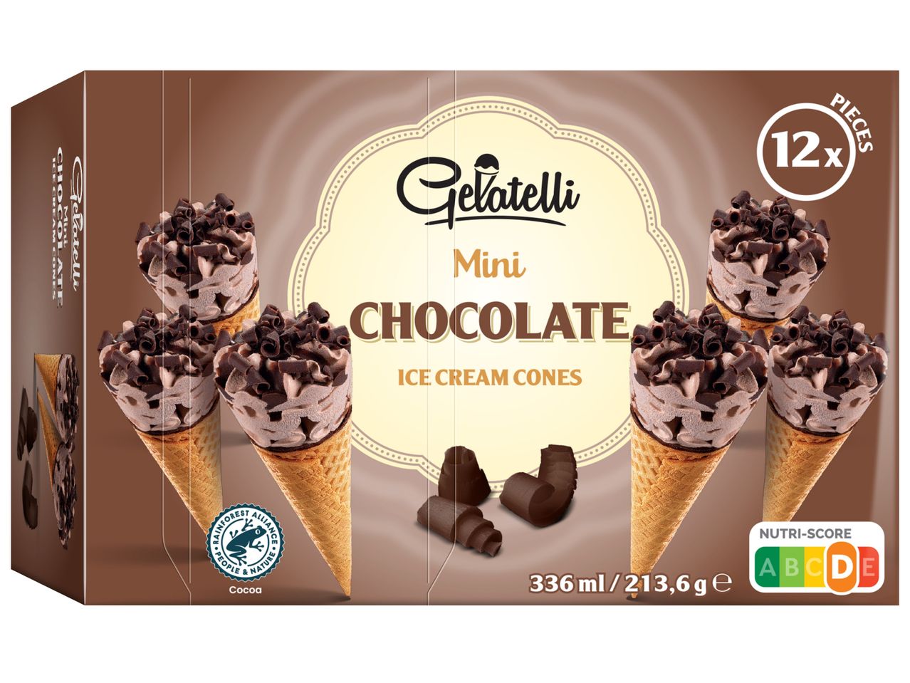 Кутия с 12 мини сладоледи във фунийка Gelatelli, шоколад.