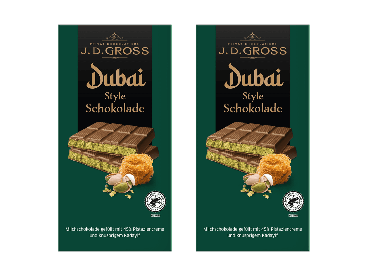 Zwei Packungen Dubai Style Schokolade mit Pistaziencreme und knusprigem Kadayif.