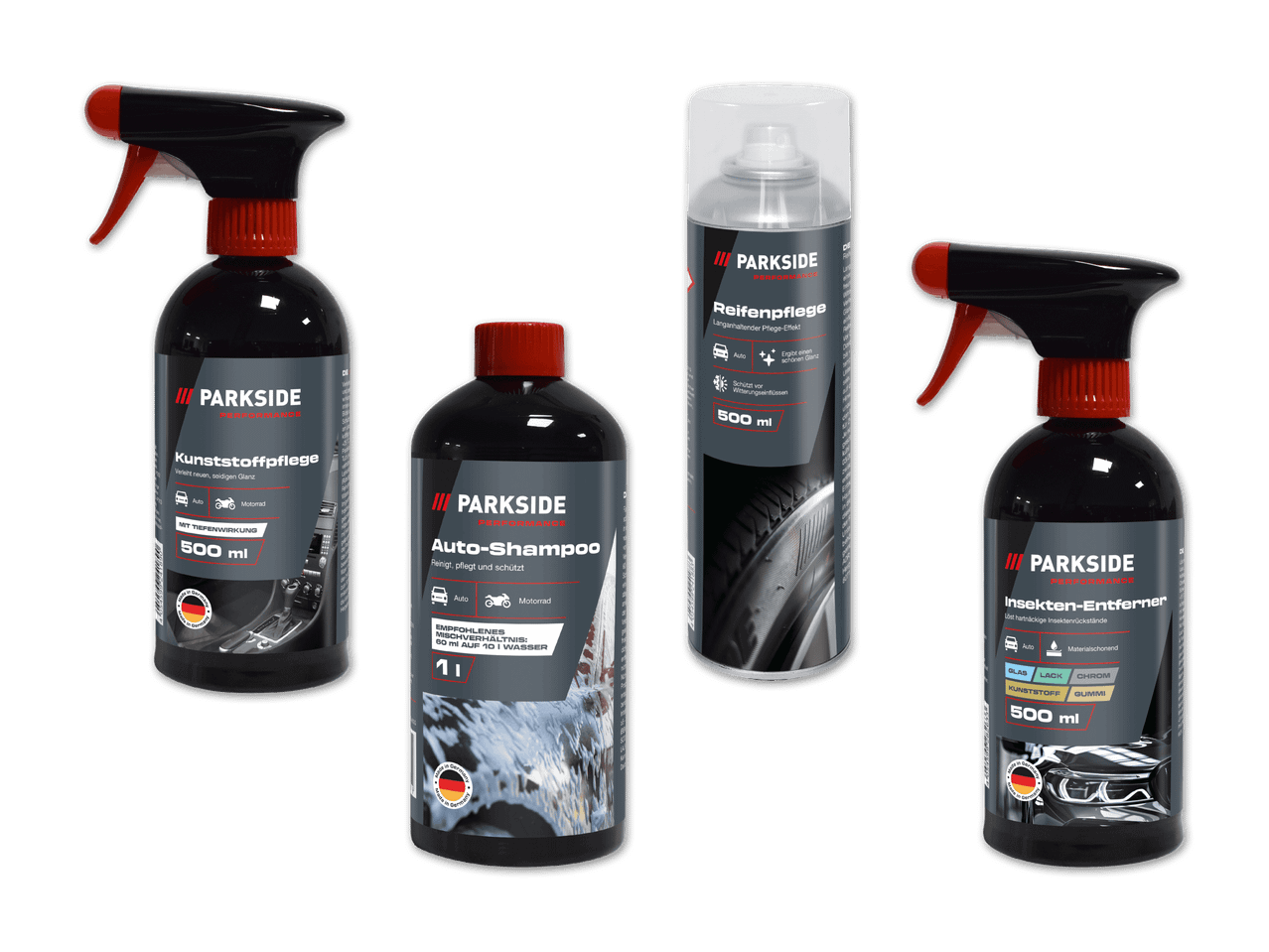 Vier Flaschen Autopflegeprodukte, darunter Kunststoffpflege, Autoshampoo, Reifenpflege und Insektenentferner.