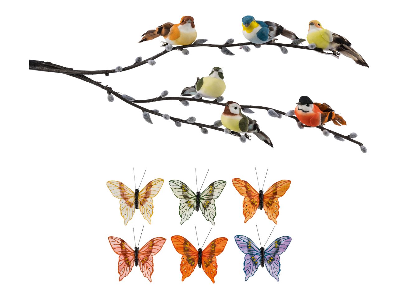 Dekorative Vögel auf Weidenkätzchenzweigen und bunte Schmetterlinge