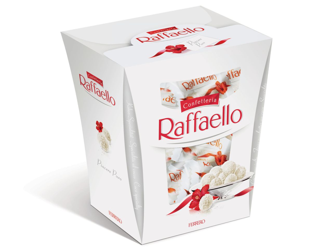 Кутия бонбони Raffaello от Ferrero, украсена с хибискус.