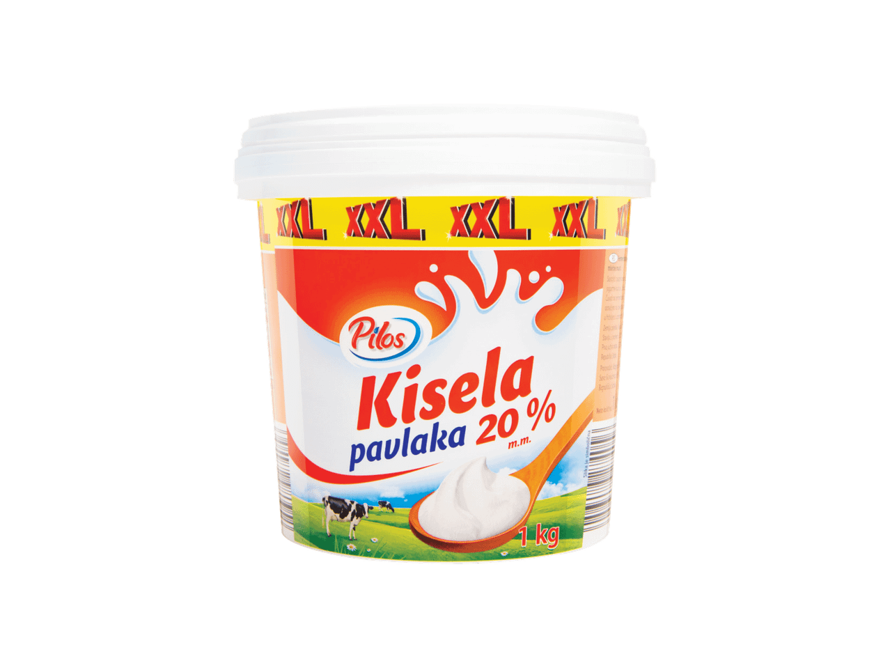 Kanta pavlake sa 20% mlečne masti, sa natpisom XXL i slikom krave na pašnjaku.