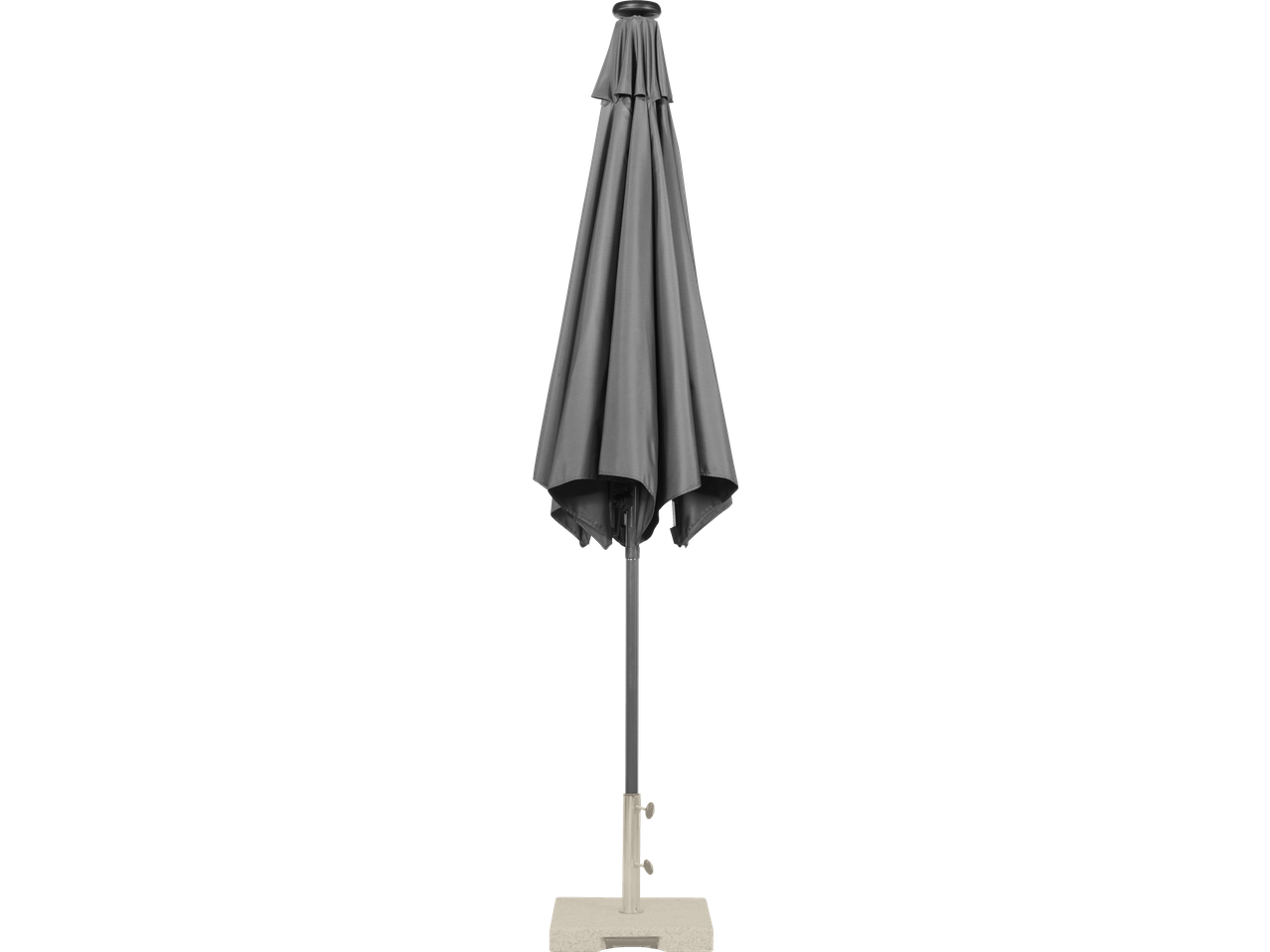 Closed grey patio umbrella with a light-colored base.