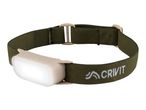 Headlamp with a green elastic strap and a beige light unit, featuring a power button.