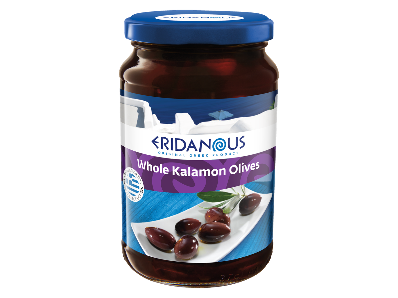 Eridanous whole Kalamata olives in a jar.