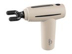 Beige massage gun with a U-shaped attachment, displaying power and intensity indicators.