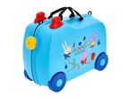 Blue children's ride-on suitcase with cartoon characters and 'cool adventures' text.
