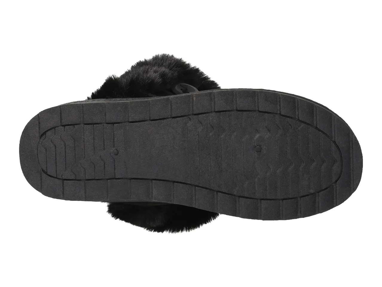 Black faux fur slipper with a textured sole, viewed from the bottom.