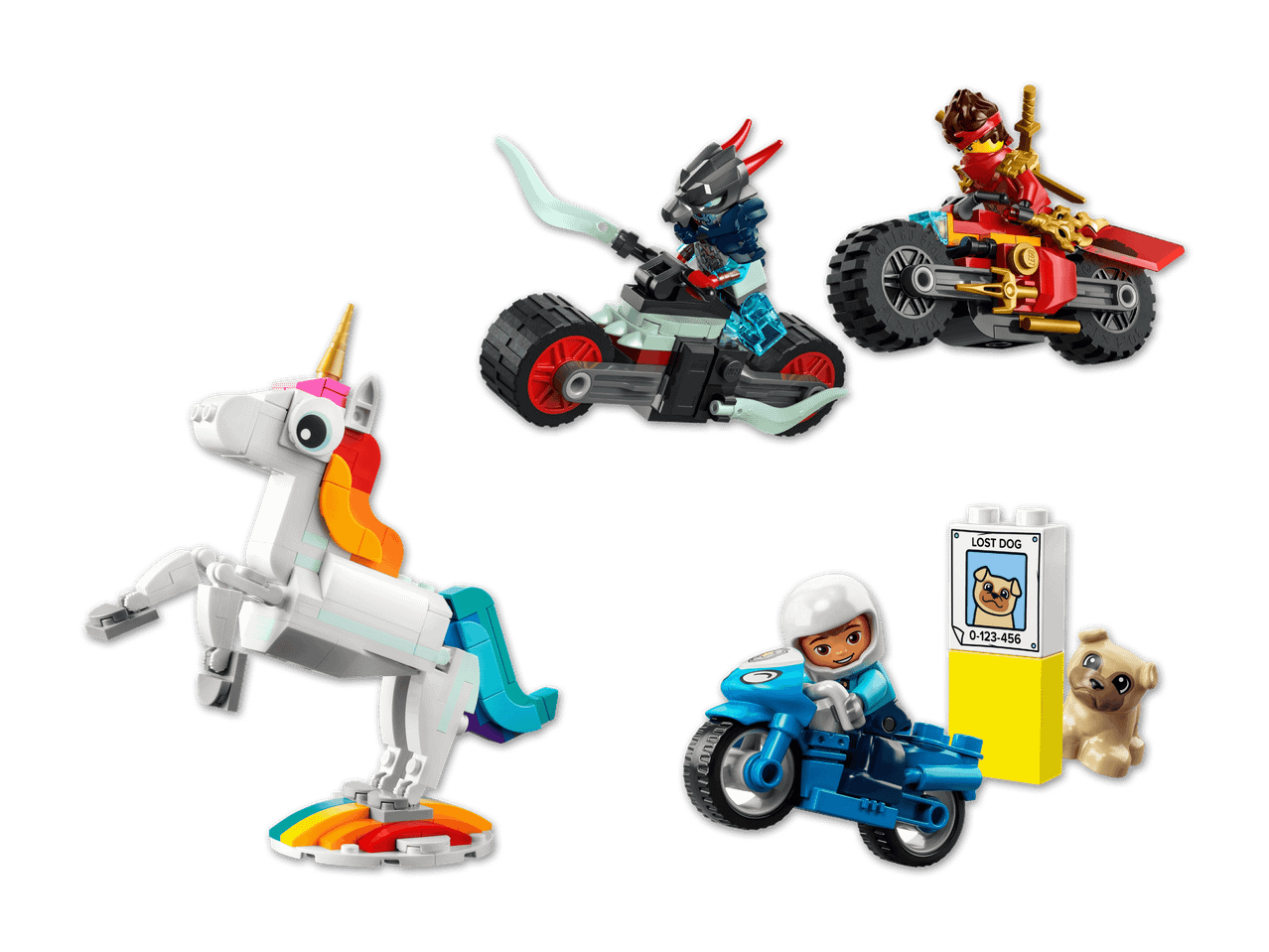 Lego-Figuren: zwei Motorräder mit Fahrern, ein Einhorn und ein Polizist mit Hund und Schild.